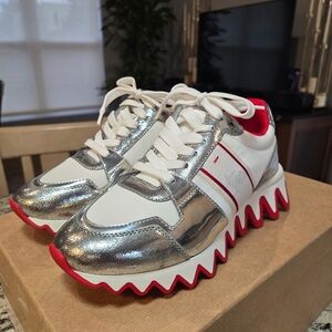NEW Christian Louboutin Nastroshark Donna Flat Metallic Sneakers Size 37.5